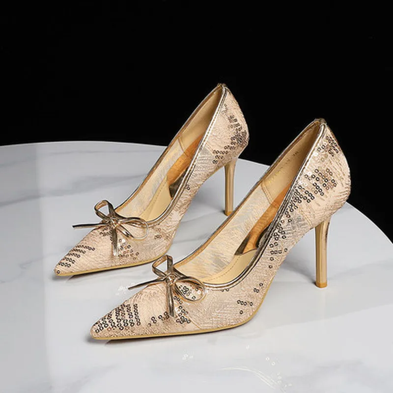 Women Lace Mesh Sequin Bow Stiletto Heels 9CM Thin Heel 0.5CM Platform PU Lining Wedding Evening Party Pumps Elegant FashionF121