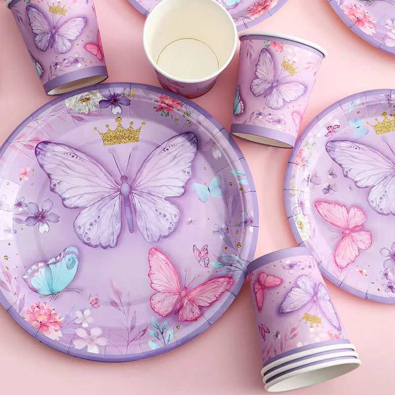 Lila Schmetterling Party-Zubehör Einweg-Tischgeschirr-Set Pappteller Becher Servietten Banner Mädchen Happy Birthday Baby Shower Dekoration – Detail 1