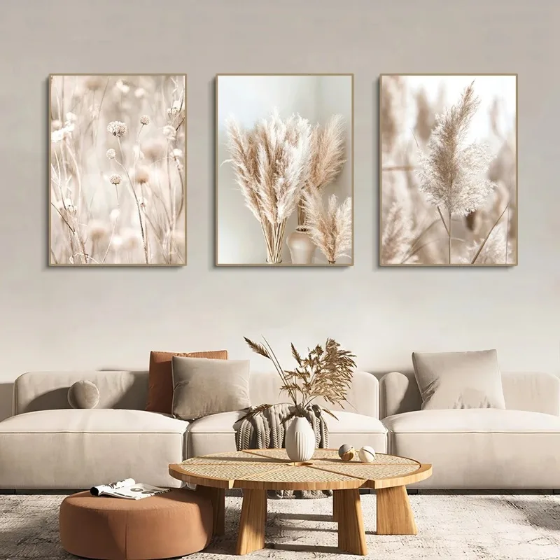 3pcs White Seascape Canvas Painting Nordic Sea Beach Pampas Botanical Grass Posters Decor Living Room Bedroom Wall Art Decor