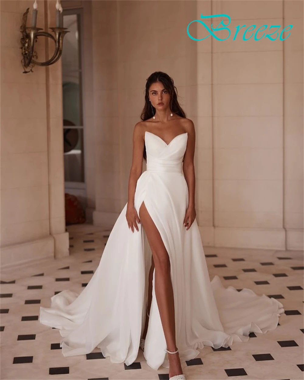 فستان زفاف أورجانزا أبيض أنيق مخصص رسمي على شكل قلب بدون أكمام فستان زفاف بوهو على شكل حرف a ذيل محكمة فيستدو دي نوفيا