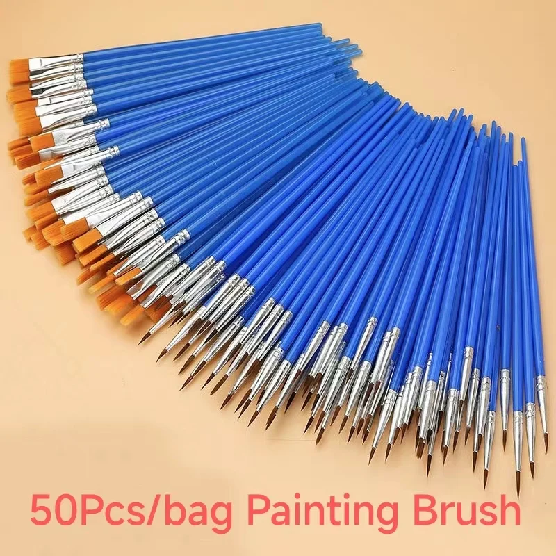 50Pcs Painting Brushes Set Art School Students Supplies Round Flat Hair Nylon Hair Paint Brush Pen for Oil Acrylic Watercolor