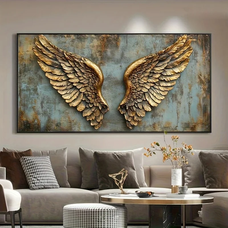 

Большая абстрактная картина с золотыми крыльями ангела, алмазная вышивка, мозаика, декор для дома, элегантные золотые крылья