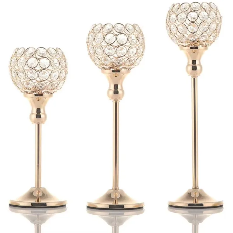 

3-Piece Crystal Pillar Candle Holder Wedding Celebration Coffee Table Decoration Ornament Metal Candle Holder
