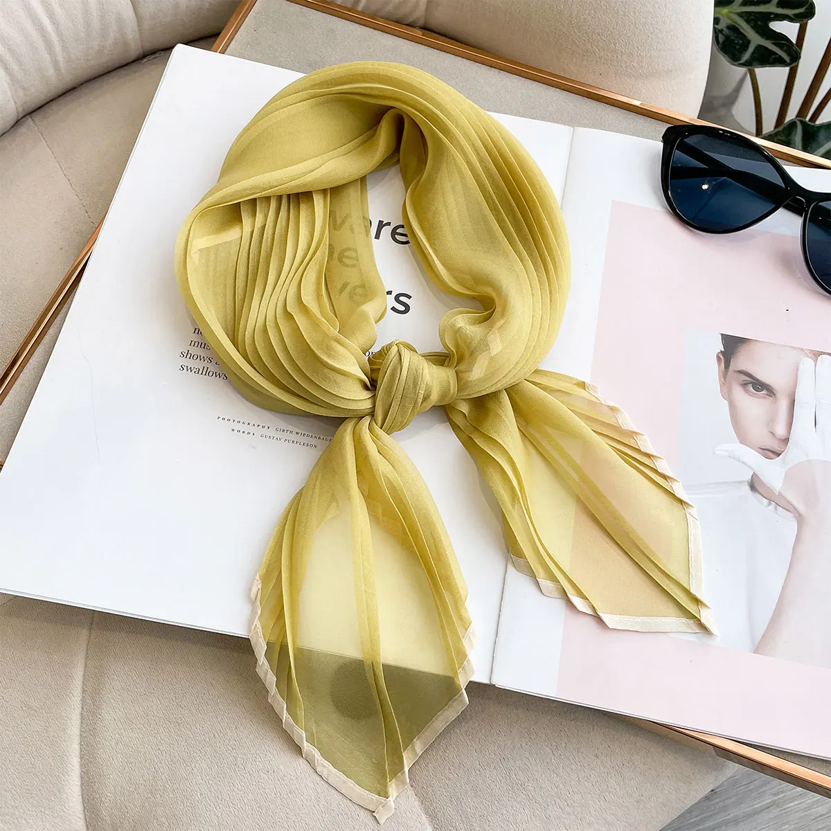 Women Pleated Satin Solid Scarf Headscarf Neckerchief Square Shawl Hair Tie Band HandKerchief Satin Foulard Scarves Decorative image 5