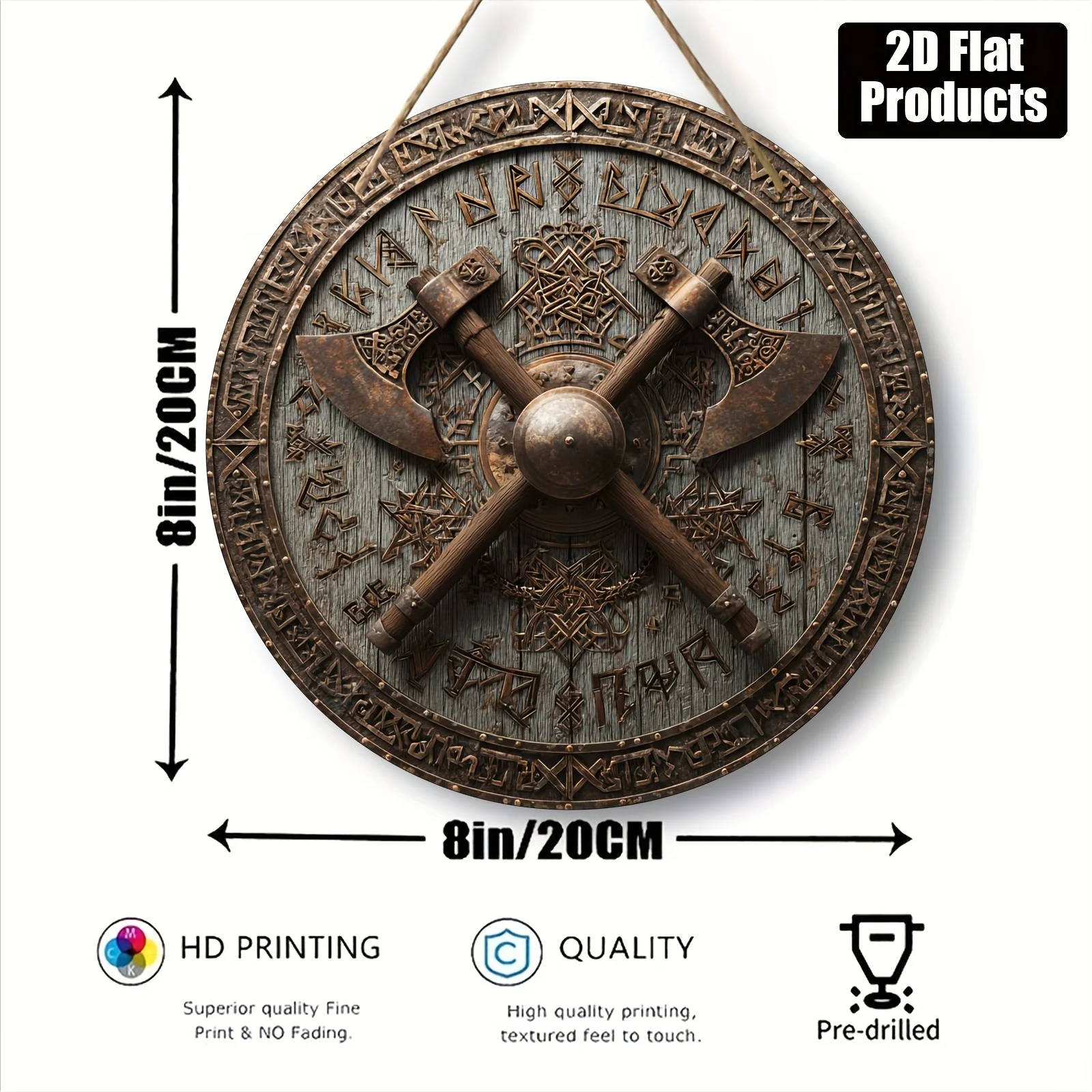 2D Flat Wooden Print 1pc, Round Wooden Board Decorative Painting Sign Plaque, Viking Battle Axe Theme, Suitable for Bar Kitchen