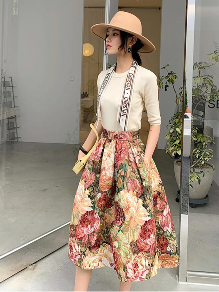 Women's Vintage Oil Painting Floral Skirt Korean Fashion High Waist Pockets Jacquard Thickened Skirts S-XXXL 2024 Spring K219