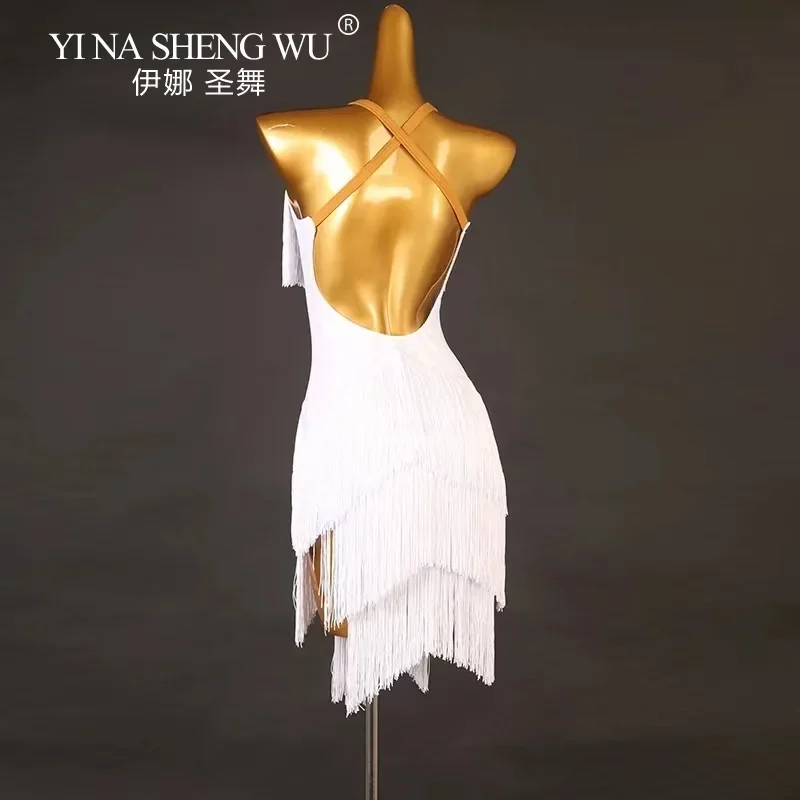 Abito da ballo sexy con frange senza schienale da donna Costume latino Cha Cha Rumba con scollo a V Nappa Abbigliamento da spettacolo Samba Tango Stage Outfit