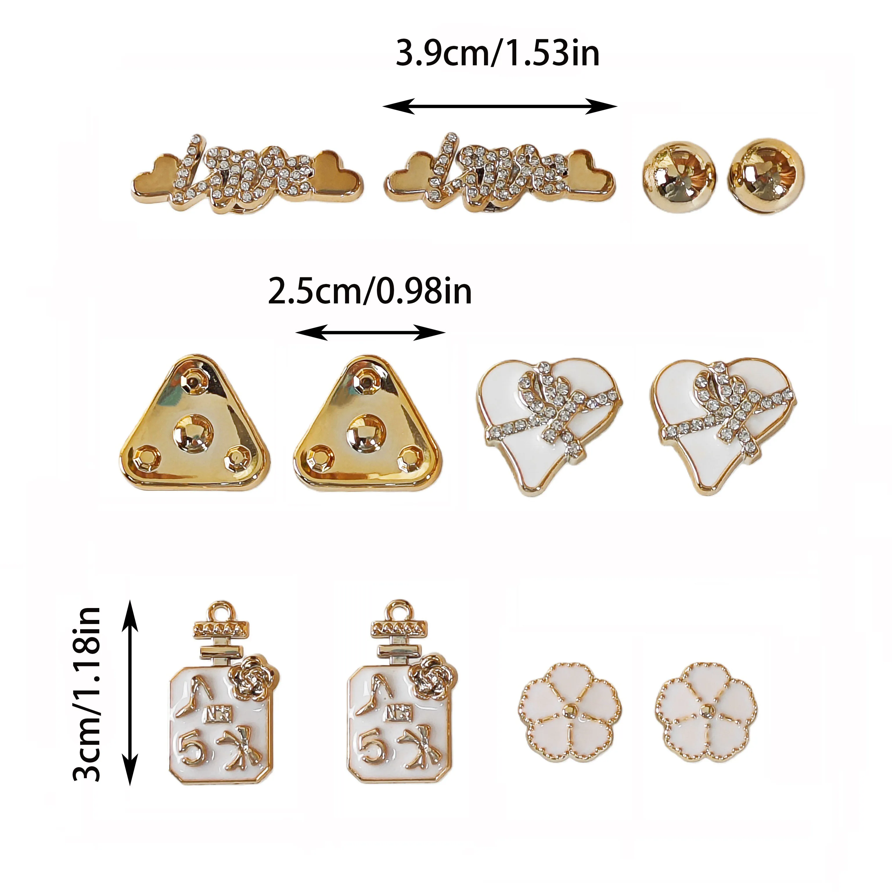 12Pcs DIY Shoe Decoration Charms, Shiny Letters, Hearts, Perfume Bottles, Flower Decorative Buckles, Non-Metal Lightweight Material, Y2K Fashion Versatile Cute Personality Accessories for Men and Women, Suitable for Eva Beach Shoes, Sandals, Removable Shoe Decoration, Holiday Gifts