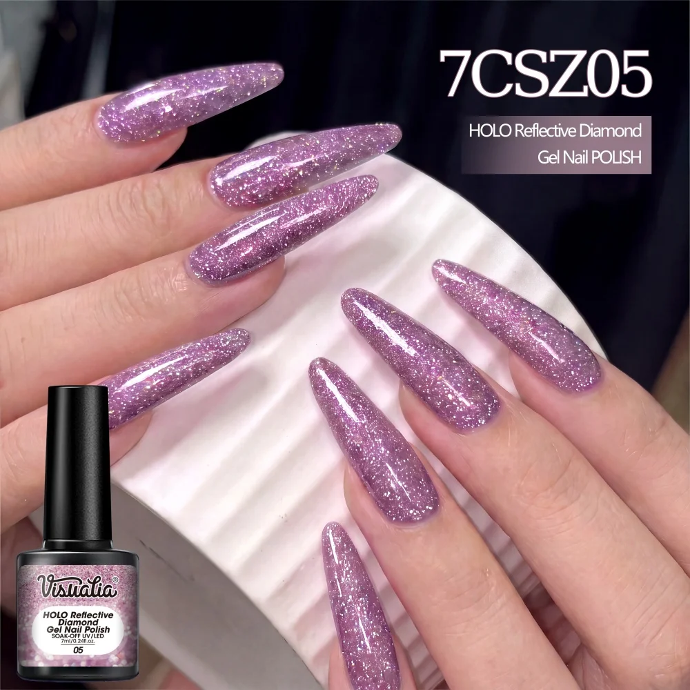 Visuatia Purple Flashing Nail Gel has evenly distributed holographic laser fine glitter, creating an outstanding glossy finish. It is suitable for creating romantic and eye-catching nail designs for parties and evening