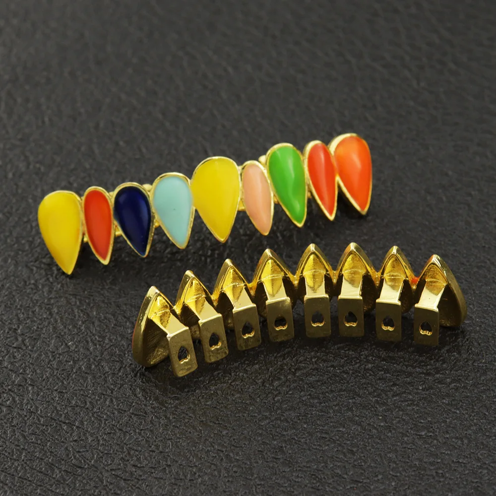 Tapas de Grillz de dientes puntiagudos para hombres y mujeres, parrillas de encanto superior e inferior, regalo de joyería, aceite de goteo multicolor, CZ, Hip Hop