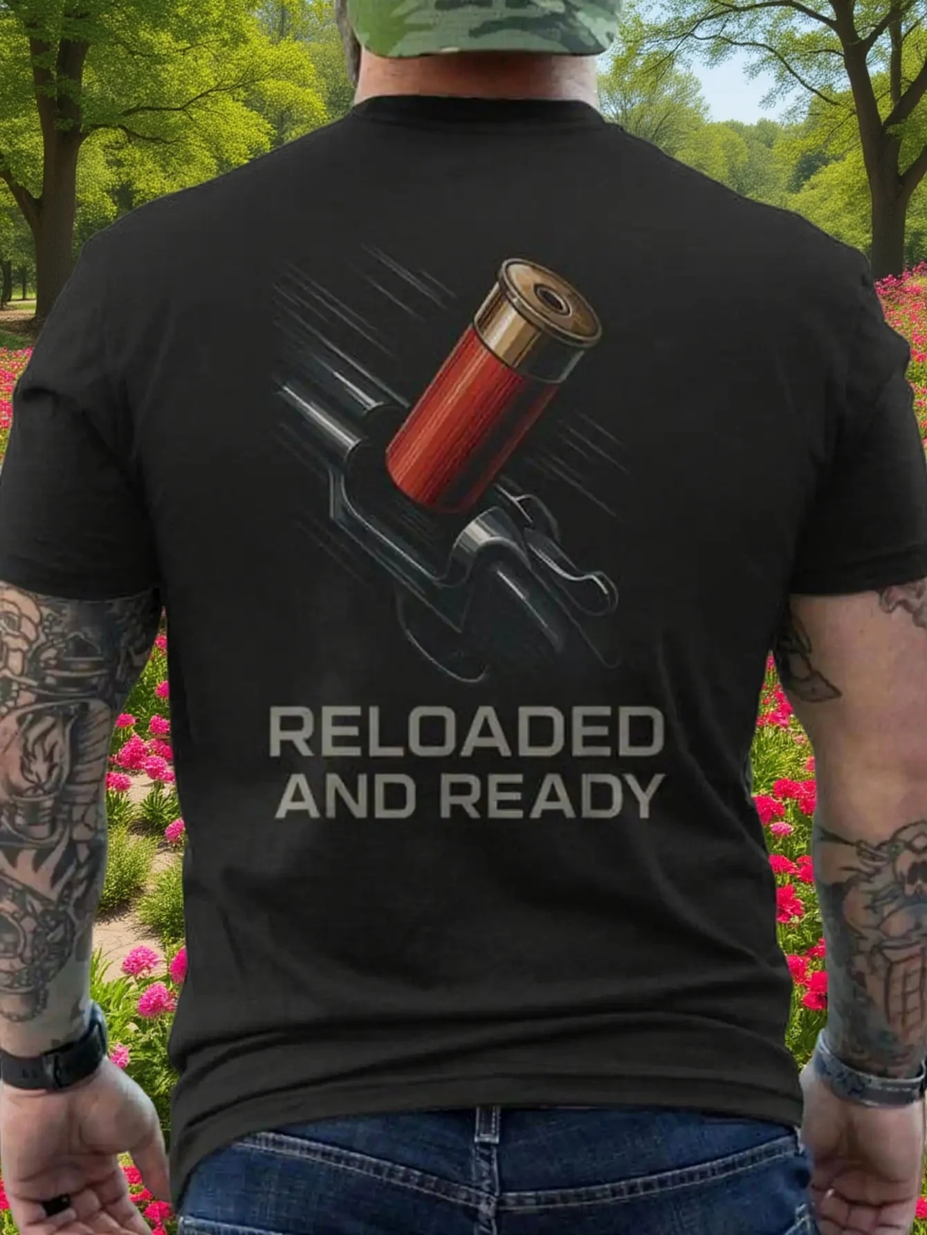 Men's Shooting T-Shirt- Features Reloaded and Ready Text on Back- Comfortable T-shirt Skeet Shooting