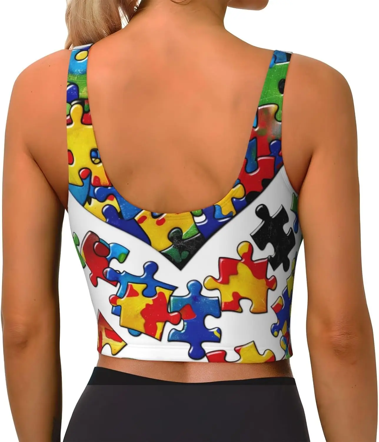 Biustonosz sportowy z nadrukiem serca, elementy układanki świadomościowej kampanii, elastyczny, oddychający, do ćwiczeń, do jogi.