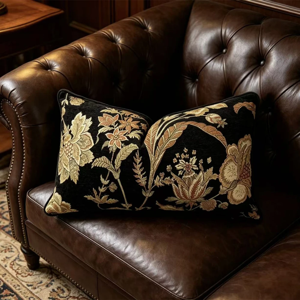Fashion Black Velvet Floral Waist Pillow Case Vintage  Woven Jacquard Chenille Lumbar Living Cushion Cover Sell by Piece 30x50cm