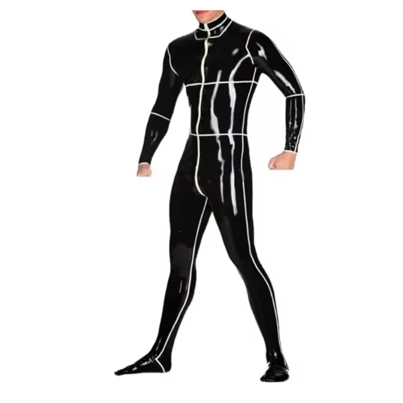 Black sexy latex sports suit with rubber tight fitting jumpsuit and front zipper
