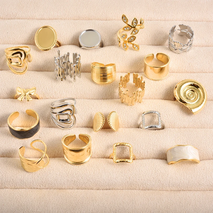 10 pz Oro/Argento Colore Della Miscela In Acciaio Inox Grosso Anello Aperto Geometrico Conchiglia Foglie Arco Vari Stili Y2k Zircone Anelli gioielli