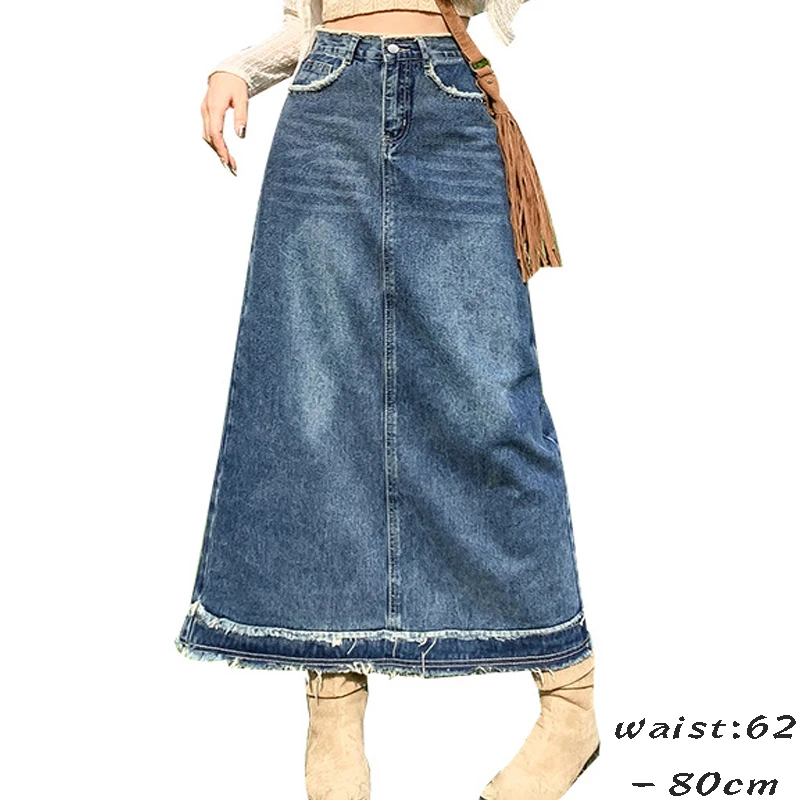 High quality long denim bandage skirt for women raw edge a line shape new 2024 youthful lady vintage clothing - blue