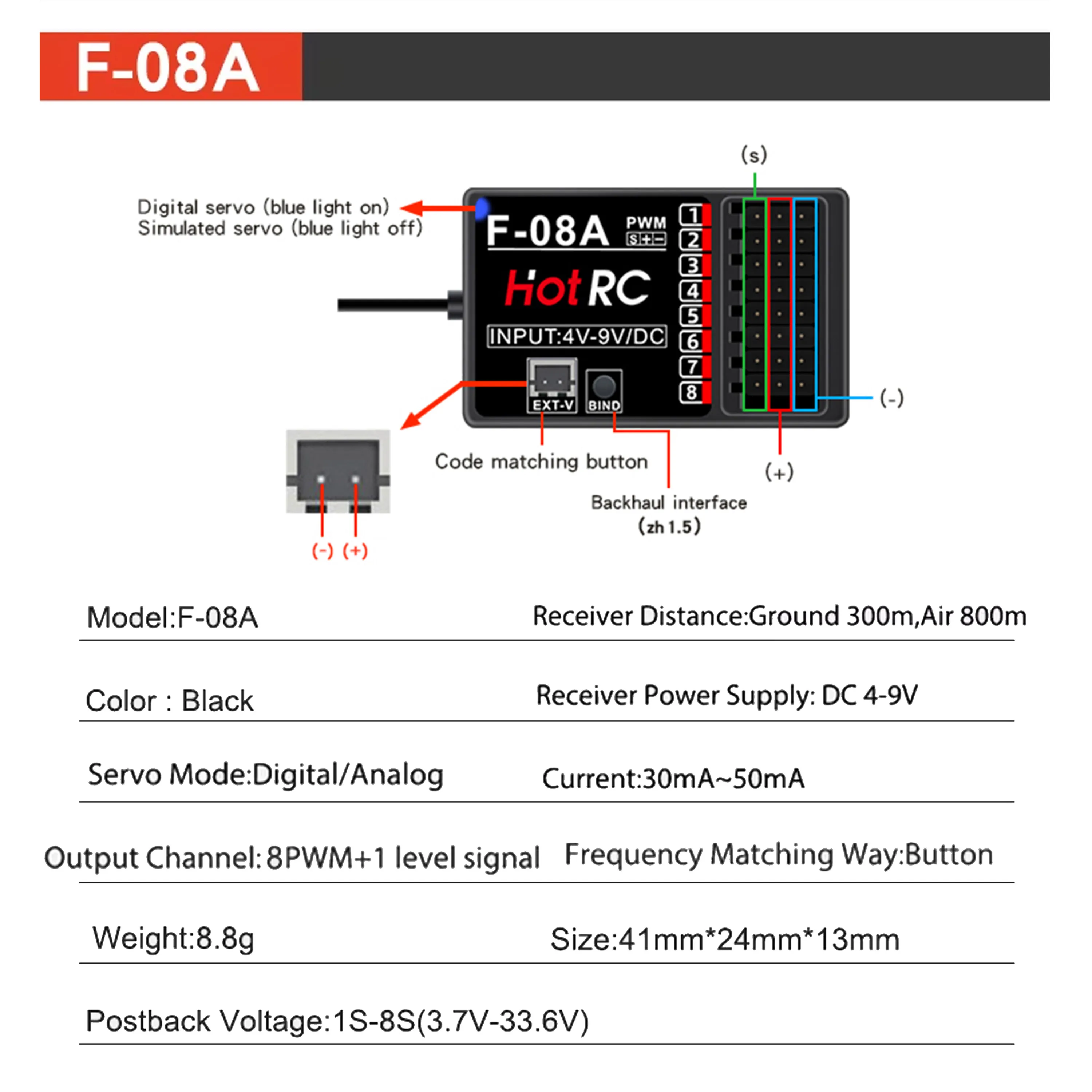 HOTRC-Receptor de Função de Controle Misto, F-08A para HotRC HT8A, Rádio Controle, Avião, Drone, Multiuso, 2.4 Ghz, 8 Canais