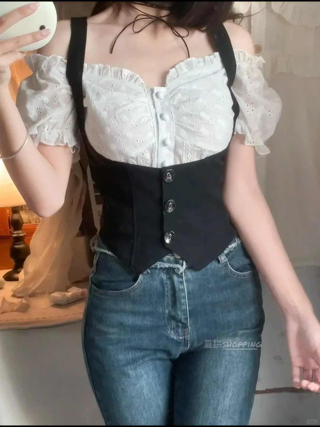 

Fungus Lace Short Sleeved Shirt Women's Neck Hanging Vest Blusas Mujer White Crop Top 2025 Summer Shirts & Blouses