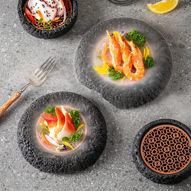 Creative Black Meteorite Ball Plate Special-shaped Fire Three-stone Cooking Bowls and Dishes for Hotel Restaurant Meat Plates