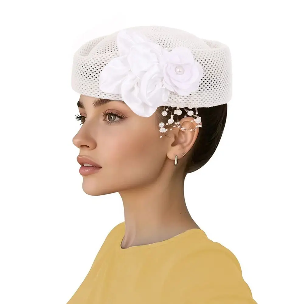 New With Flower Straw Pillbox Hat Solid Structured Crown Round Dress Hat Vintage Style Round Shape Brimless Cap Women's
