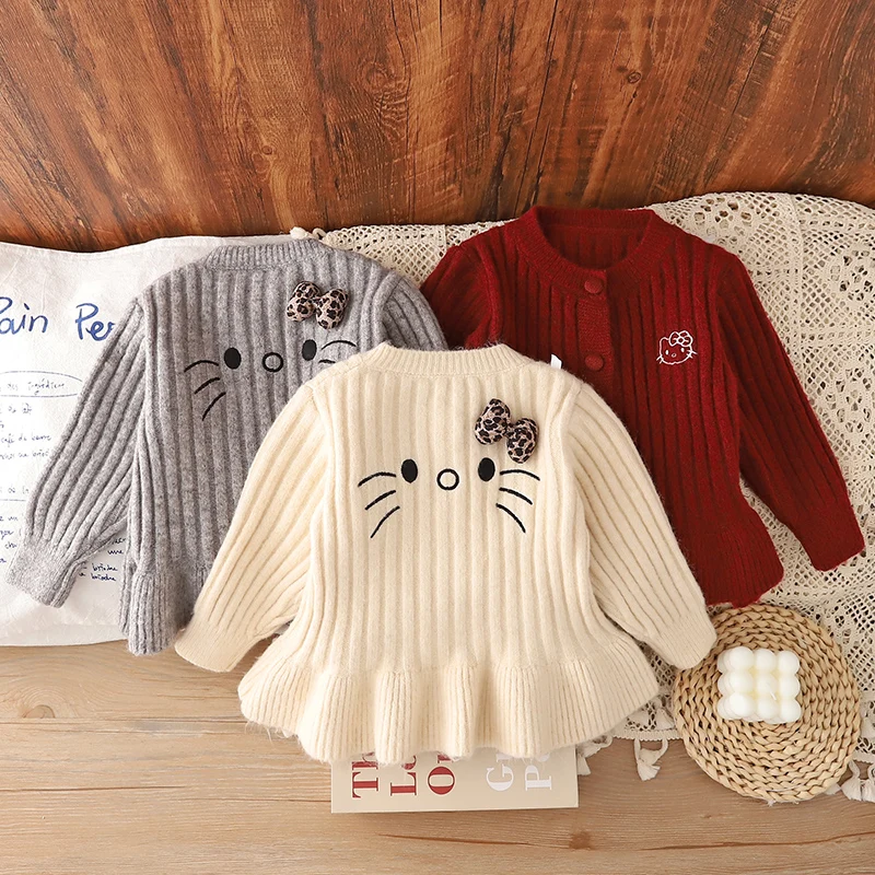 

Свитер для девочек, осенне-зимний новый милый свитер для маленьких девочек с рюшами и краями, утепленный вязаный кардиган с круглым вырезом, пальто