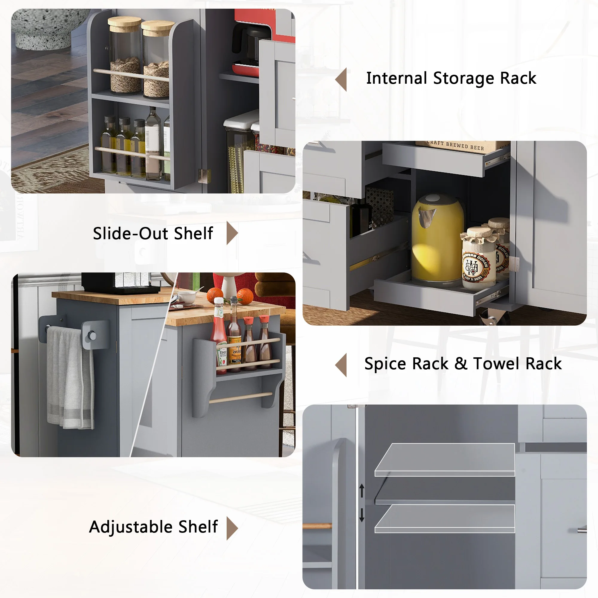 K&K Rolling Kitchen Island with Storage, Kitchen Cart with Rubber Wood Top, 3 Drawer, 2 Slide-Out Shelf and Internal Storage Rac