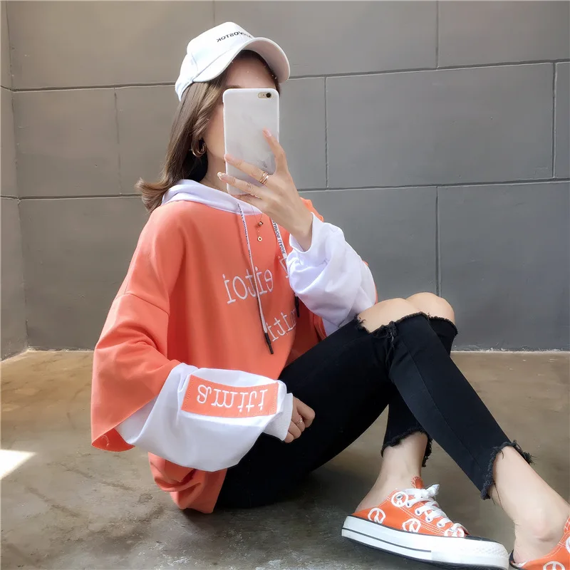 ZOUXO Hoodies Women 2022 Spring Autumn Paneled Long Sleeves Thin Hoodies Korean Style Loose Embroidered Top