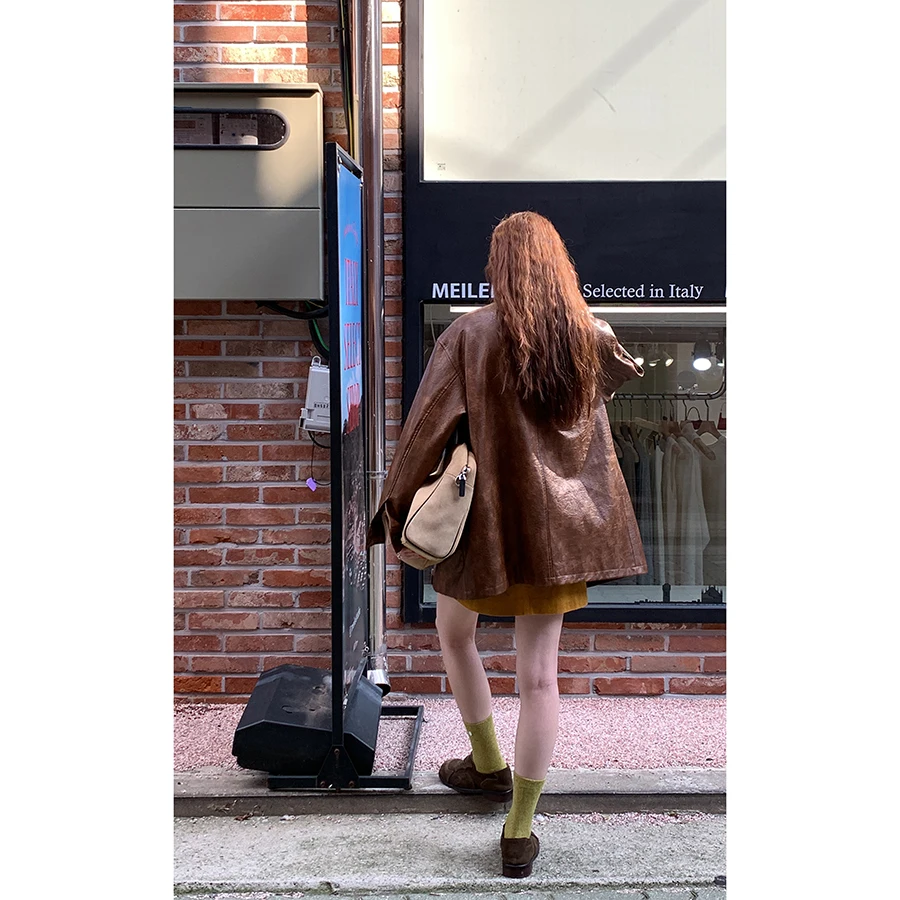 レトロレザージャケットコート ロング丈 ゆったり レディース おしゃれ ターンダウンカラー 秋冬 ハローエット レディースアウター