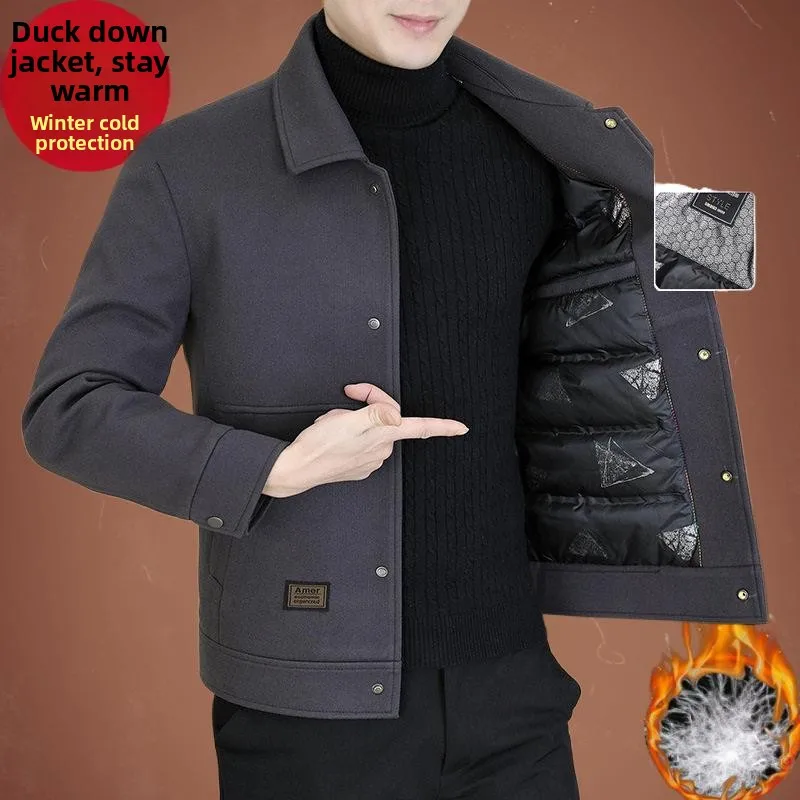 

Men's Casual Woolen Quilted Jacket Warmth Duck down Outerwear Winter Coat Stylish Collar Thickened Short Style Business Style