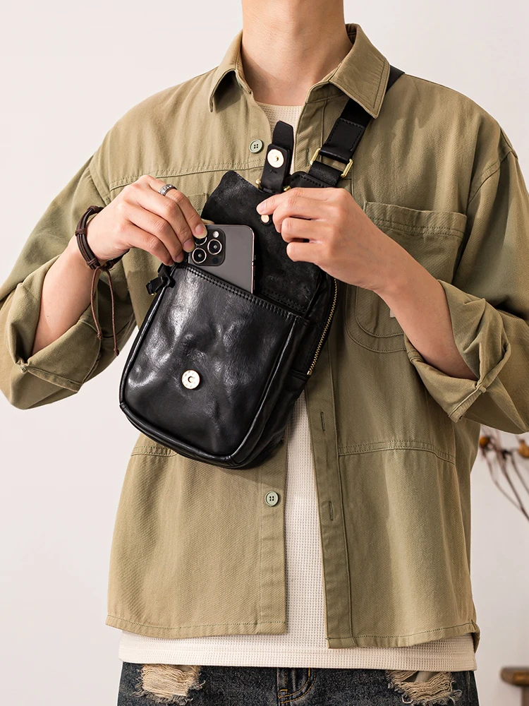 Casual designer handmade genuine leather men's chest bag outdoor daily luxury high quality cow leather black crossbody bag