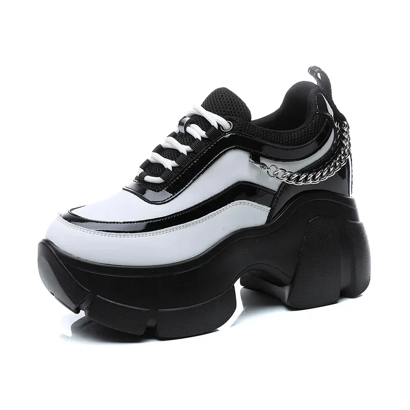 

10CM High Platform Sneakers for Women Super High Hidden Heel Womens Casual Shoes Fashion Wedge Genuine Leather Metal Ankle Boots