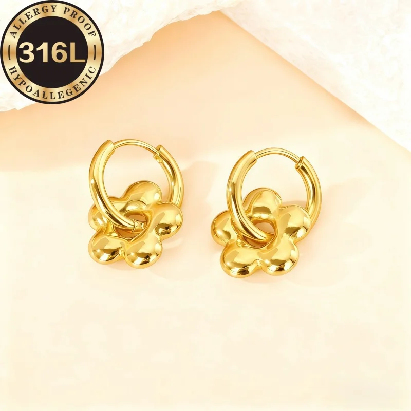 High quality stainless steel hypoallergenic Golden earrings, four-leaf clover shape, anti-fading, suitable for skin-friendly
