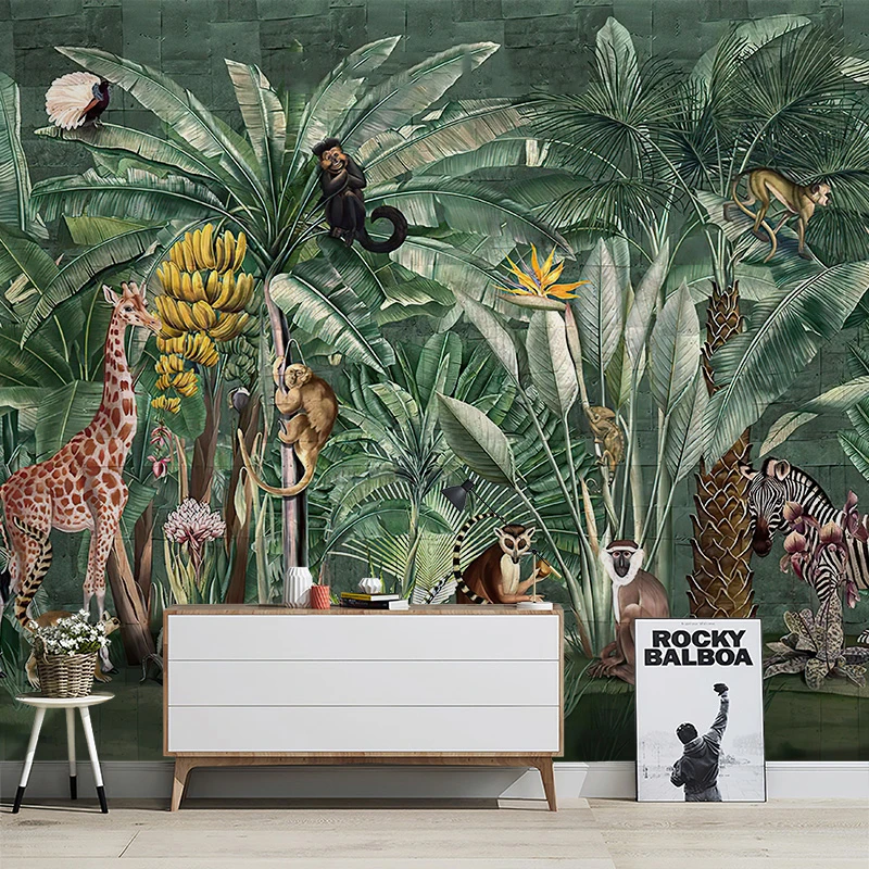 Tropical Rainforest Living Room Southeast Asian Hand drawn Art Wallpaper Bedroom TV Background Wallpaper Custom Mural