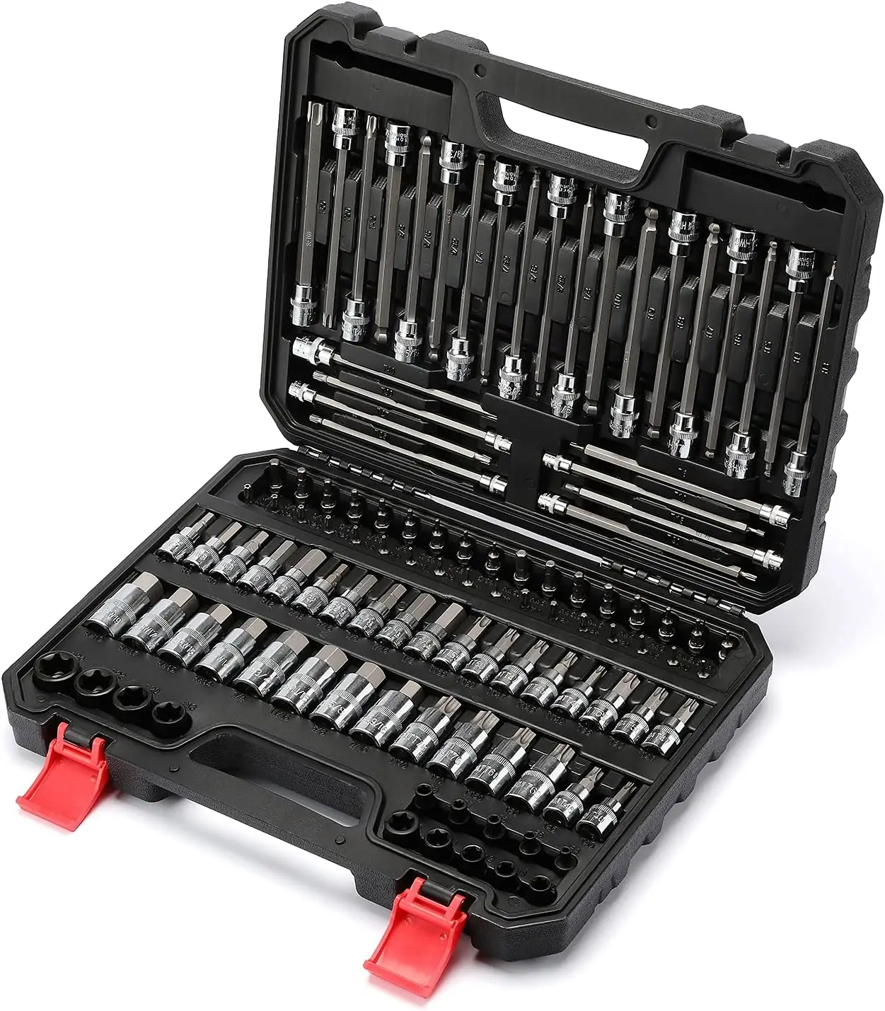 107 Piece 1/4 Inch, 3/8 Inch & 1/2 Inch Drive Bit Socket Set, Torx/Extra Long Torx/Tamper Proof Torx/Hex/Ball End Hex, SAE & Met