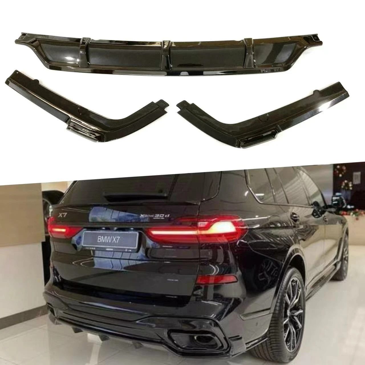 For BMW X7 G07 2020-2026 Black Knight Style Rear Lip Diffuser 3PCS Gloss Black ABS Plastic Thickened Body Kit Accessories