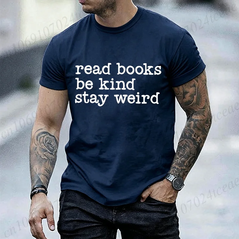 Buchliebhaber-Slogan Grafik Herren T-Shirt „Lesen Sie Bücher, Seien Sie freundlich, Bleiben Sie seltsam“ Aufdruck Kurzarm O-Ausschnitt Lässige Lose Oberteile Damen T-Shirts – Detail 5
