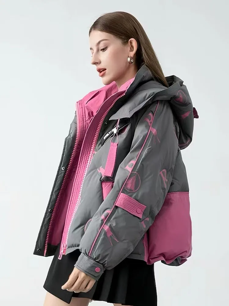 Kurze Daunenjacke mit Kapuze, modisch, 2025, dick, warm, neuer Winter, Spleißen, kontrastierender Buchstabe, Entendaunen, trendige Markenjacke