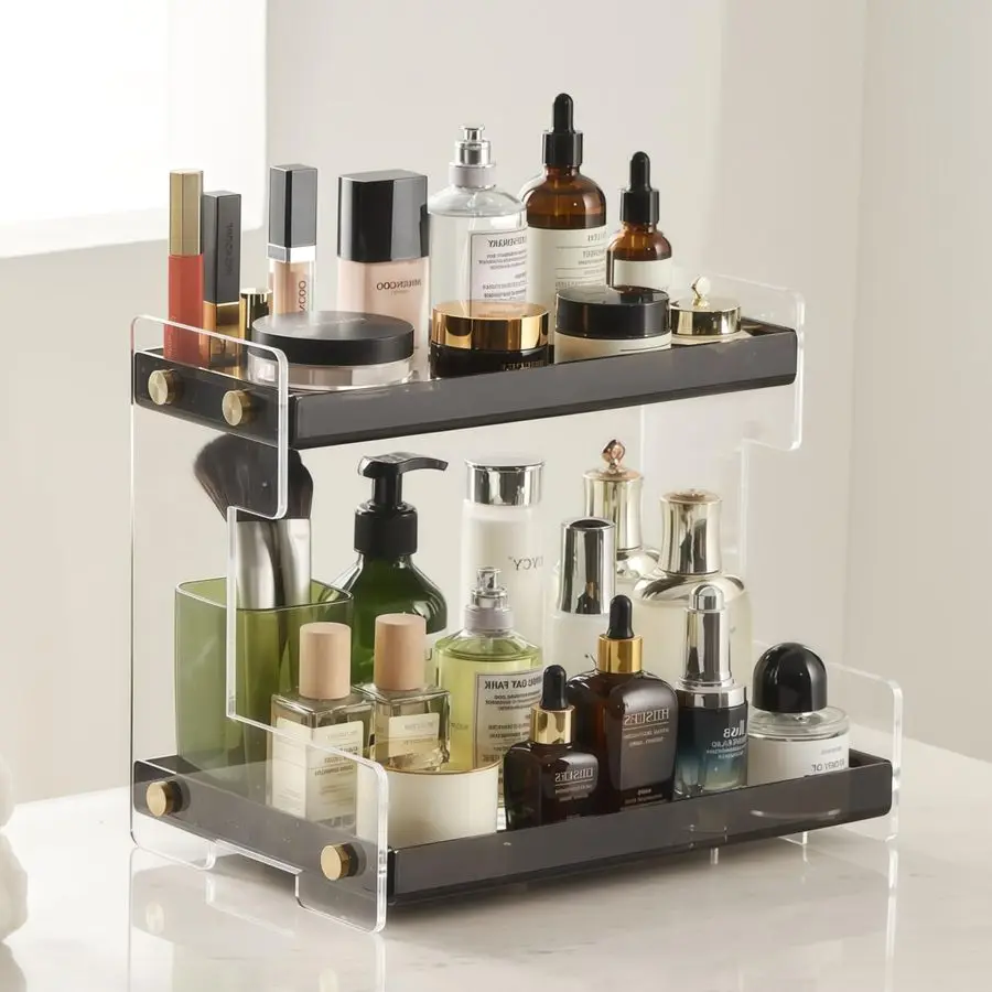 

Настольный органайзер, 2-уровневый акриловый органайзер для ванной комнаты, органайзер для косметики на туалетный столик, органайзер для специй, коричневый