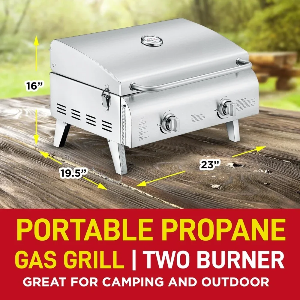 Steak Grill with Foldable Legs and Wind Proof Lid, 2 Burners Easy Clean Tabletop BBQ Propane Gas Grill, Portable Steak Gas Grill