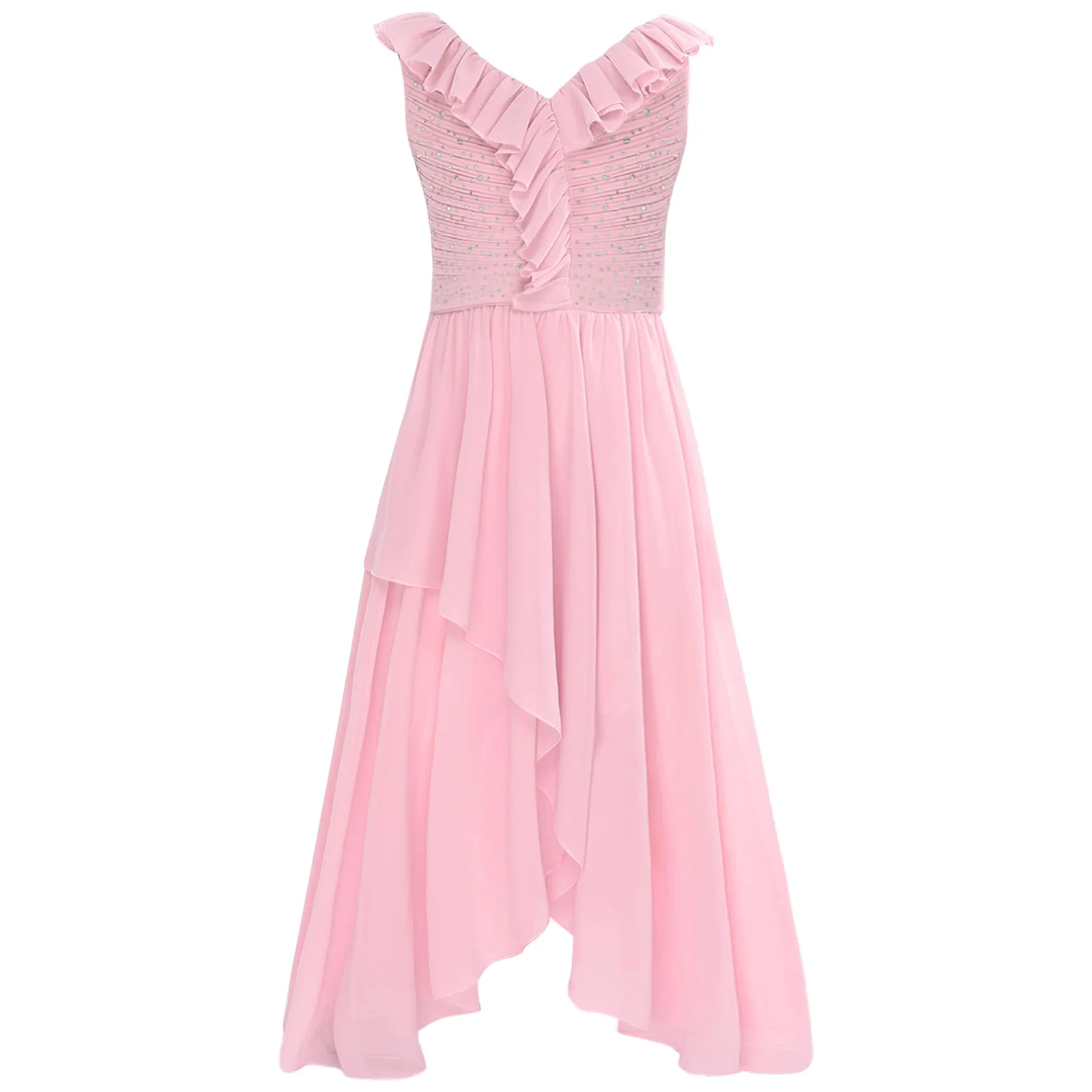 

Kids Flower Girls Dress V-neck Sleeveless Ruffled Hem Rhinestone High Waist Full Length Birthday Dress for Wedding Bridesmaid