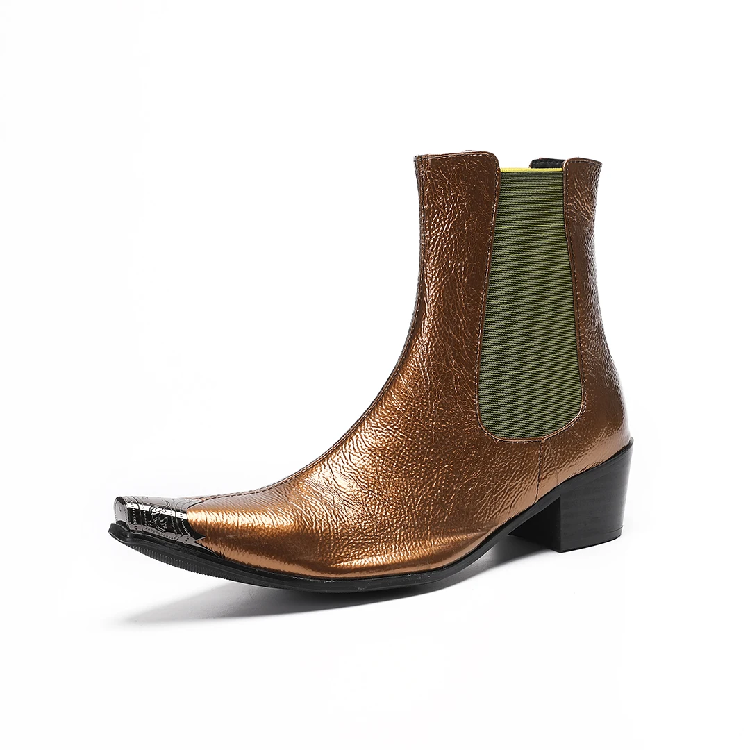 Men's Genuine Leather Chelsea Boots Gold Heels Metallic Pointed Toe Stretch Ankle Boots Western-Style Boots Formal Party Shoes