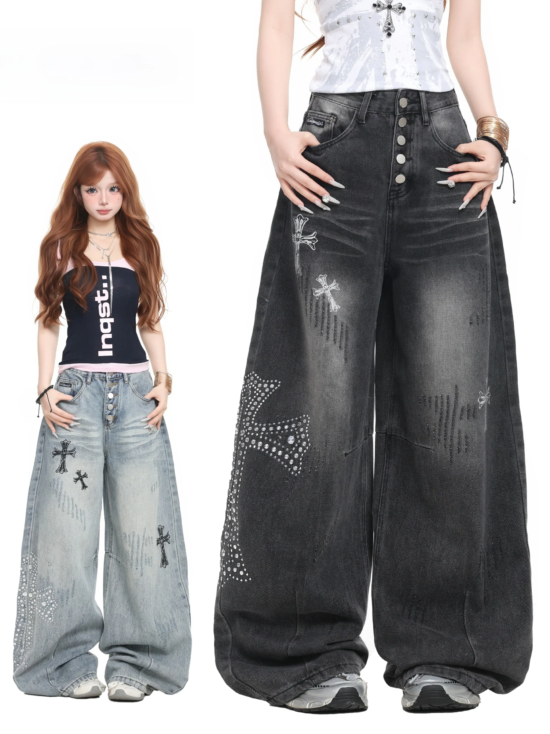 

Basterds American Retro Washed Cross Rhinestone Denim High Waist Loose Straight Leg Wide Leg Pants Long Trousers Women