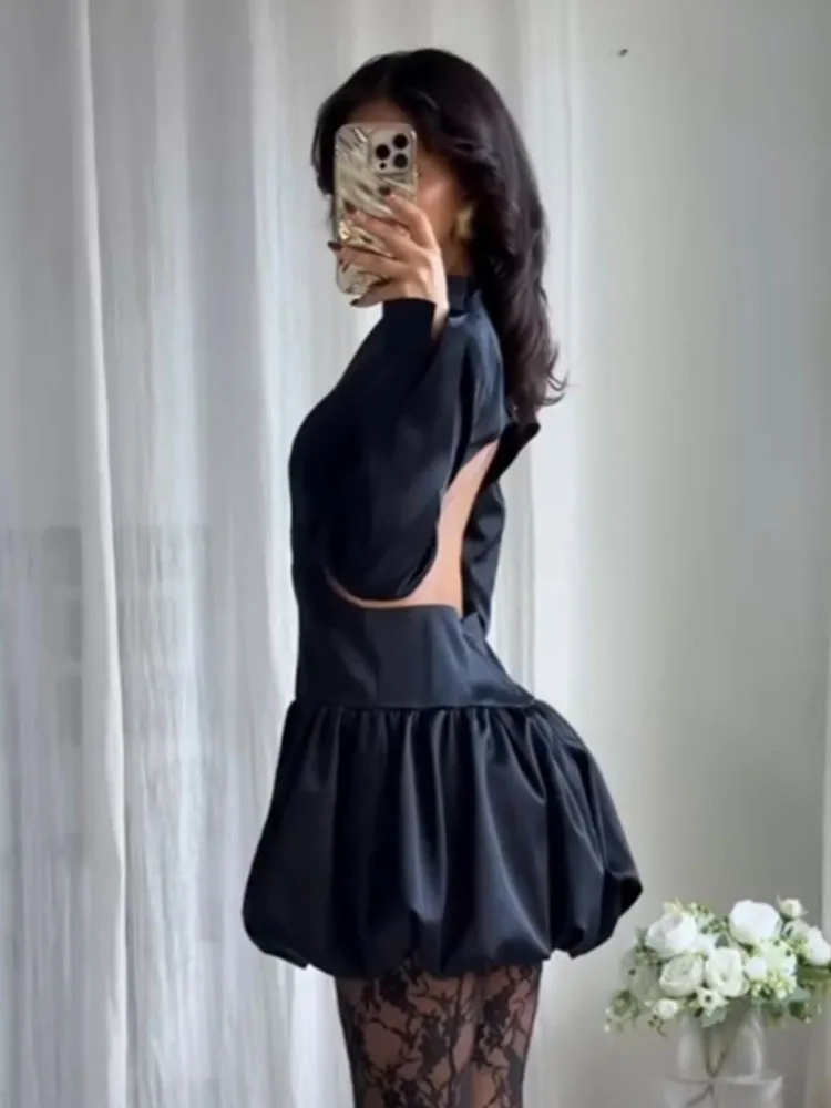 HH Women's Fashion Backless Dresses Solid V-Neck Long Sleeves Hollow Out Decorate Zipper Female Summer Sexy Slim Mini Dress