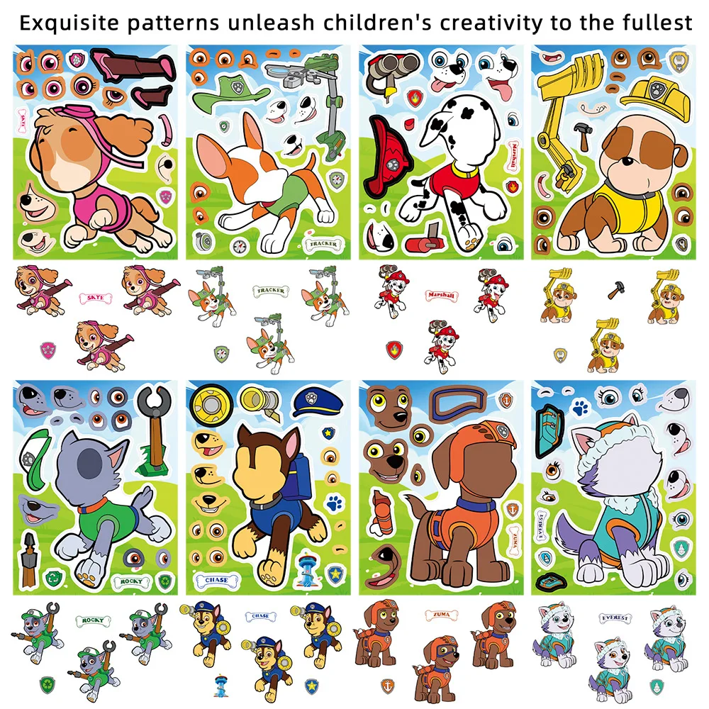 8/16Sheets Make a Face PAW Patrol Puzzle Cartoon Stickers DIY Ryder Chase Assemble Jigsaw Kids Toy Children Boys Game Party Gift