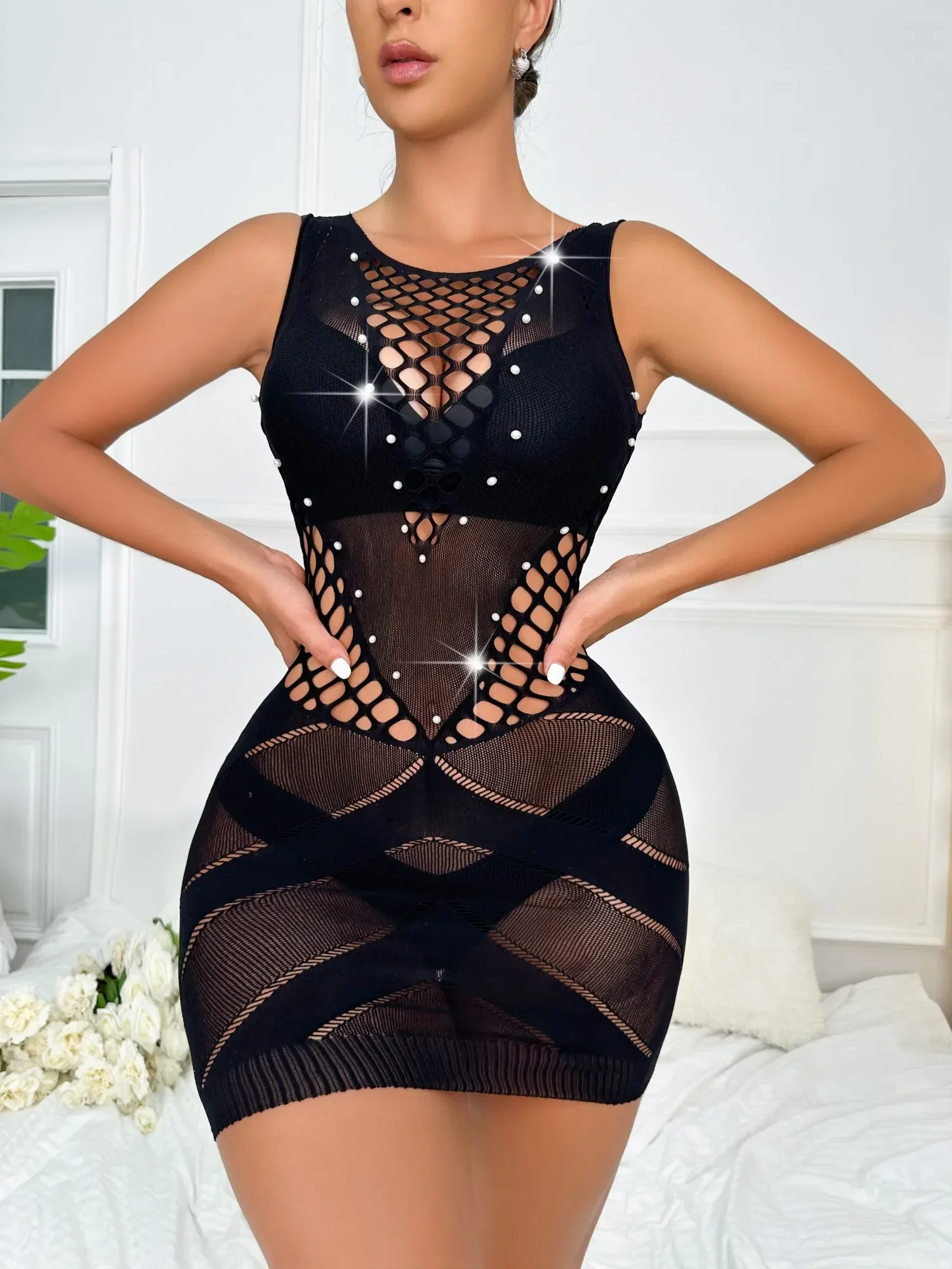 

Underwear for Women Without Censorship Erotic Lingerie Pearl Bodysuit Female Hollow Out Fishnet Dress Perspective Seductive
