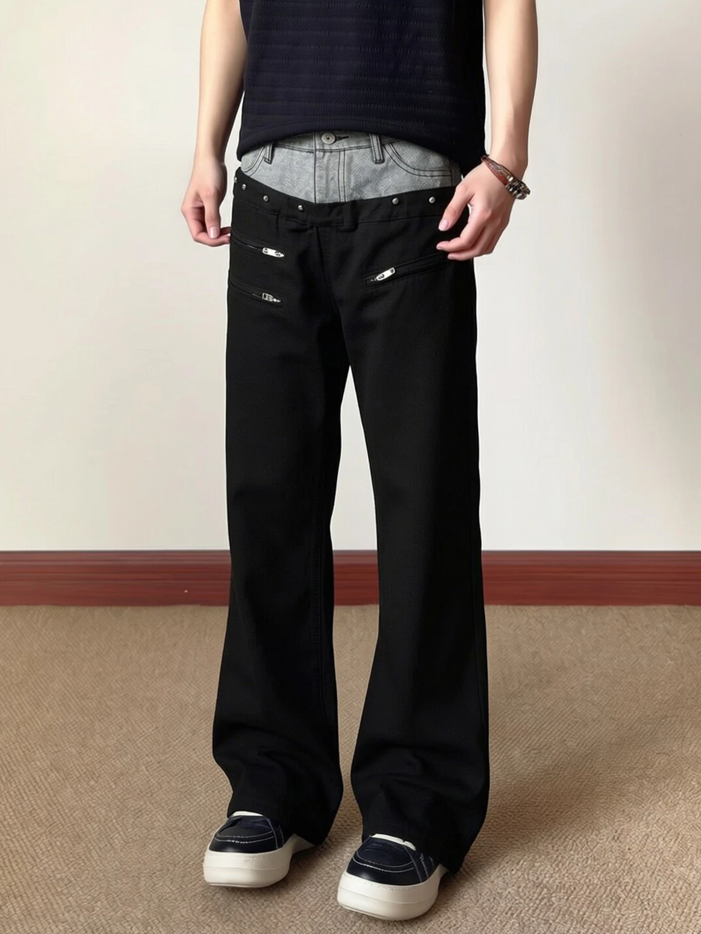 Men's Street Style Wide Leg Jeans Micro Flared Zipper Waist Buckle Straight Tube Jeans Youth Popular Autumn Season Casual Wear