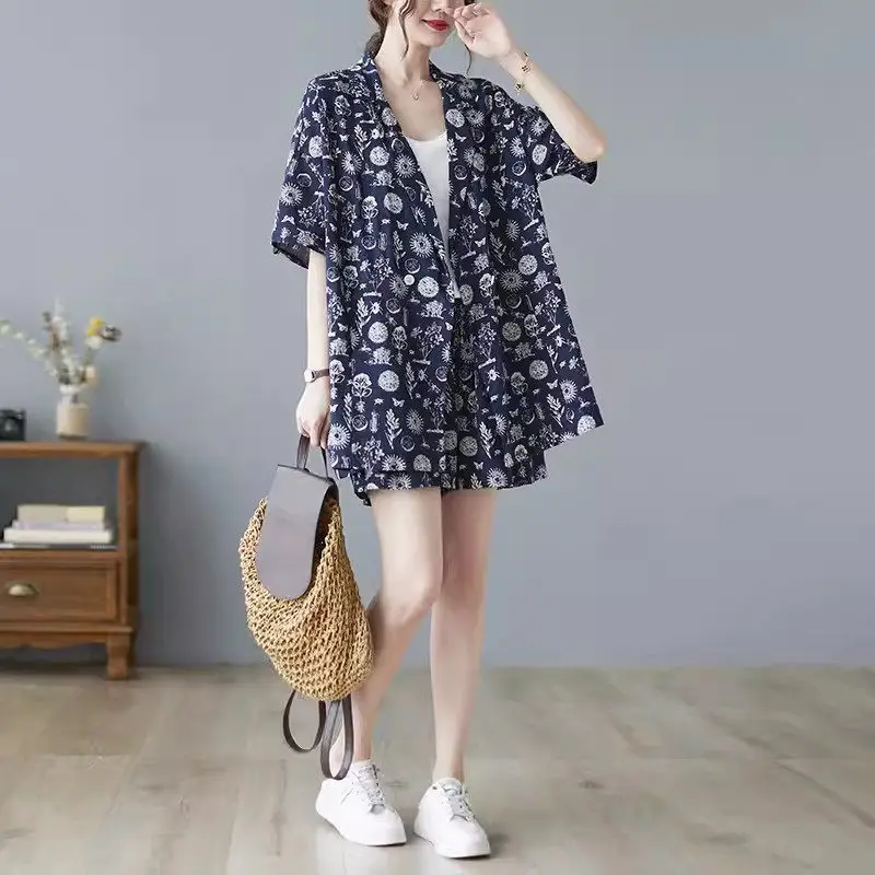 Fashion Outfit Women's Summer Art Large Cotton And Linen Shorts Suit Coat Slim Wide Leg Shorts Floral Thin Two Piece Set k1308