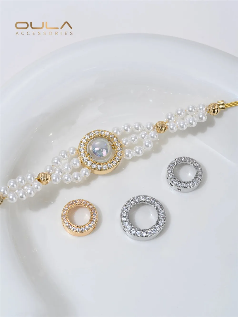 1 Uds. De oro blanco de 14K con circonita, anillos para correr, cuentas, perlas de cristal artesanales, pulsera, collar, materiales accesorios