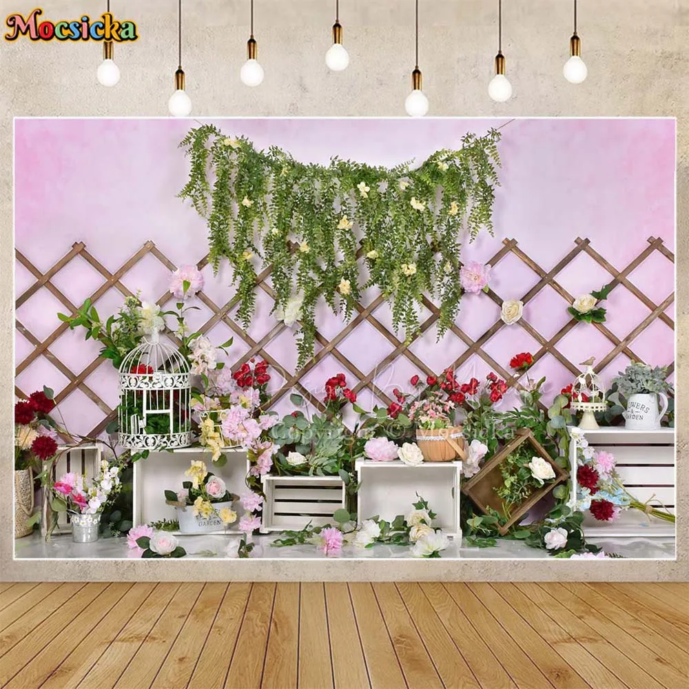 

Mocsicka Spring Flowers Backdrop Pink Wall Green Leaves Baby Newborn Portrait Photography Background Photo Studio Shoot Props