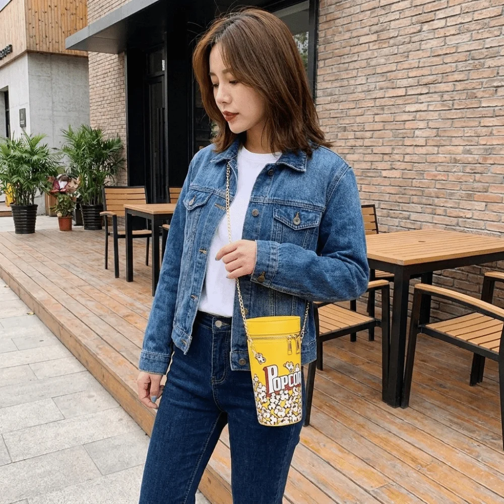 Funny Chain Popcorn Shoulder Bag Korean Style Cylinder Purse Bucket Bag PU Leather Coin Purse Crossbody Bag Ladies